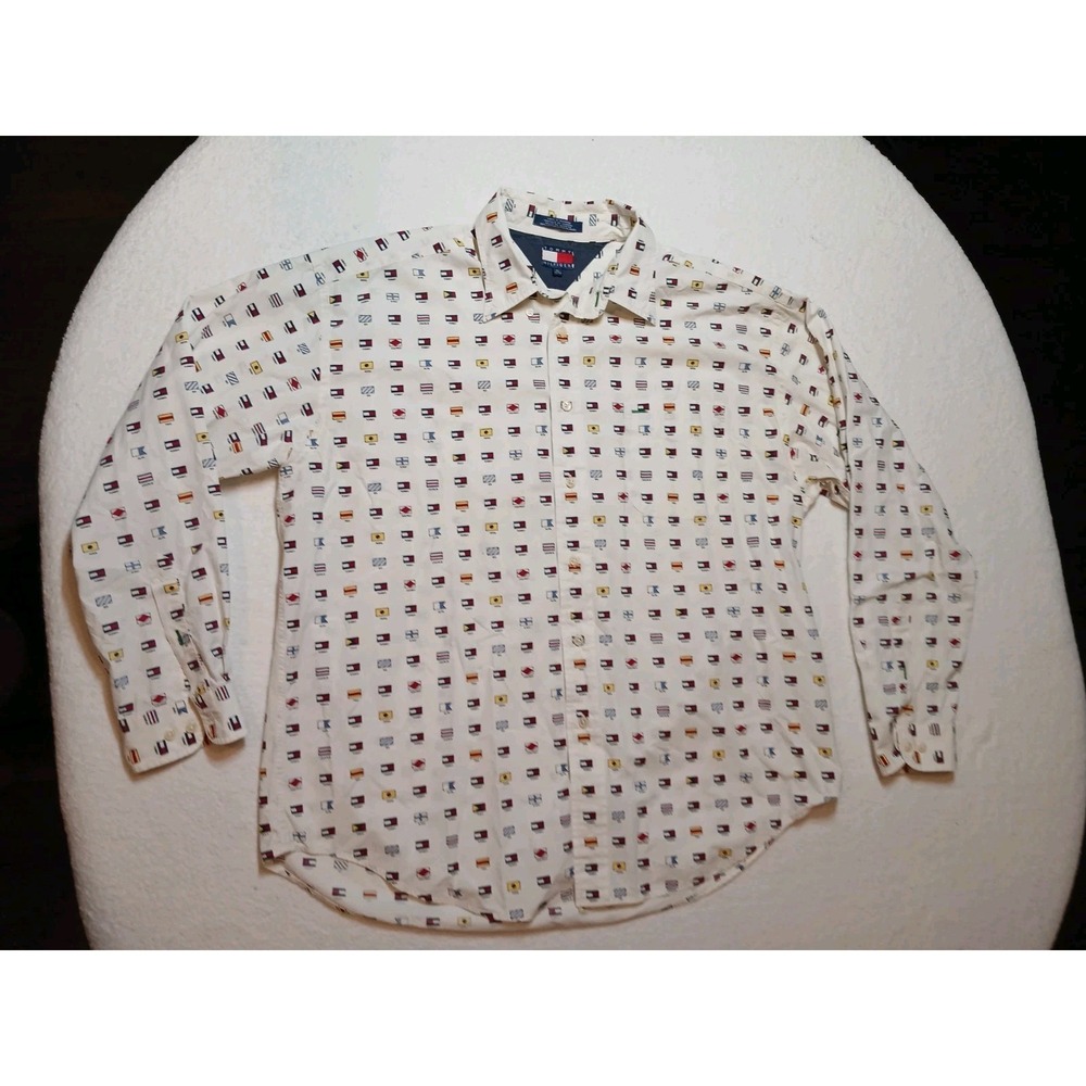 Tommy Hilfiger Shirt Men's Size XL Multicolor Flags‎ Long Sleeve Button Up Y2K